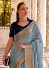 Sky Blue Linen Silk Saree with Velvet Blouse