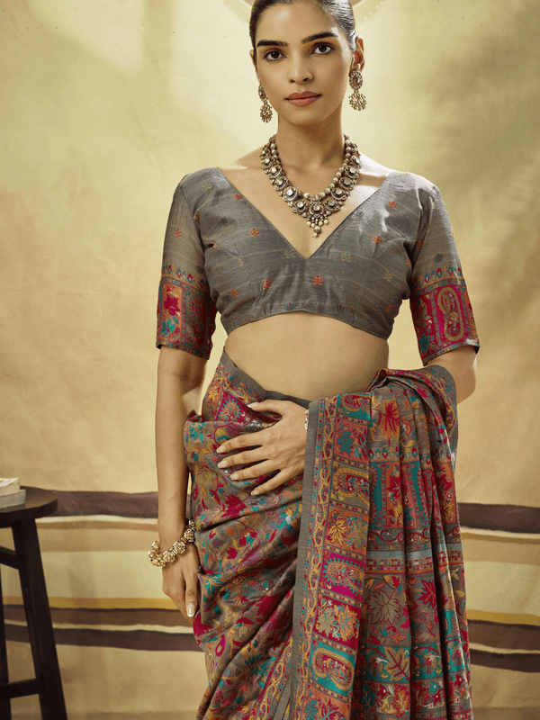 Slate Grey Kashmiri Kani Handloom Cotton Silk Saree