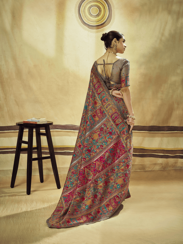 Slate Grey Kashmiri Kani Handloom Cotton Silk Saree