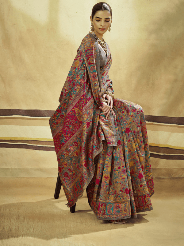 Slate Grey Kashmiri Kani Handloom Cotton Silk Saree