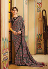 Smoky Black Ajrakh Printed Satin Saree