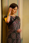 Smoky Black Ajrakh Printed Satin Saree