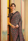 Smoky Black Ajrakh Printed Satin Saree