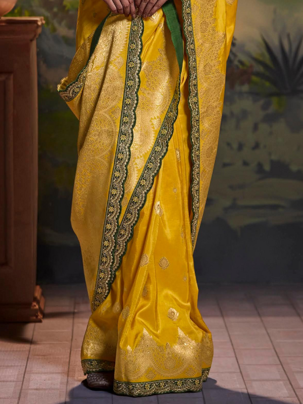 Marigold Yellow Banarasi Satin Silk Saree With Contrast Blouse