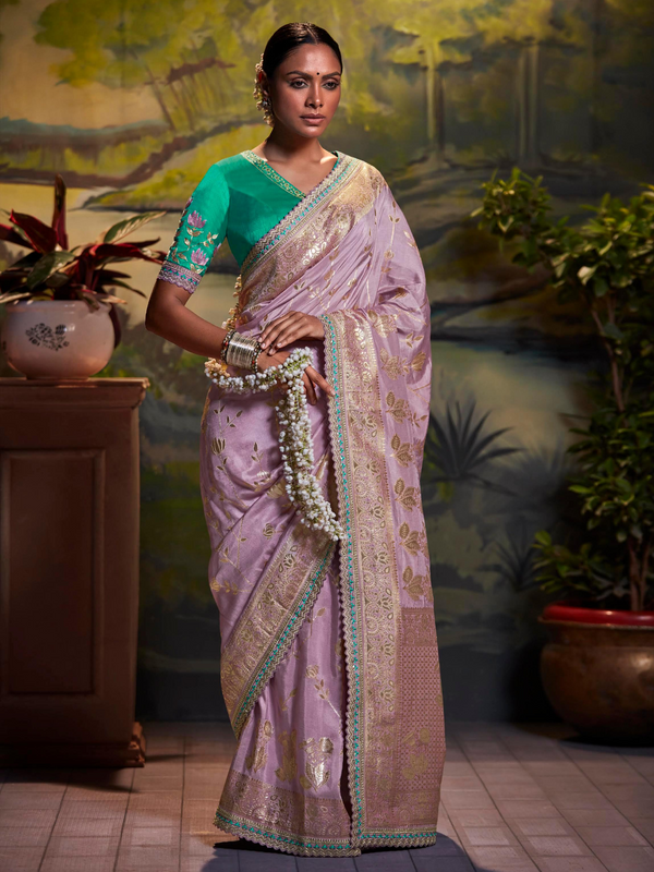 Dusty Lilac Banarasi Satin Silk Saree With Contrast Blouse
