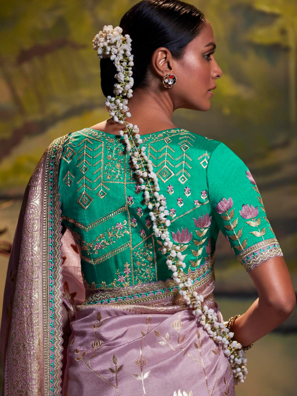 Dusty Lilac Banarasi Satin Silk Saree With Contrast Blouse