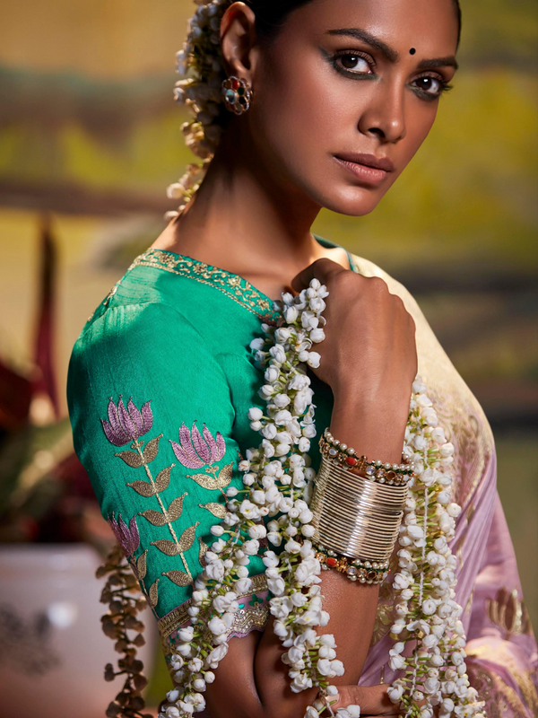 Dusty Lilac Banarasi Satin Silk Saree With Contrast Blouse
