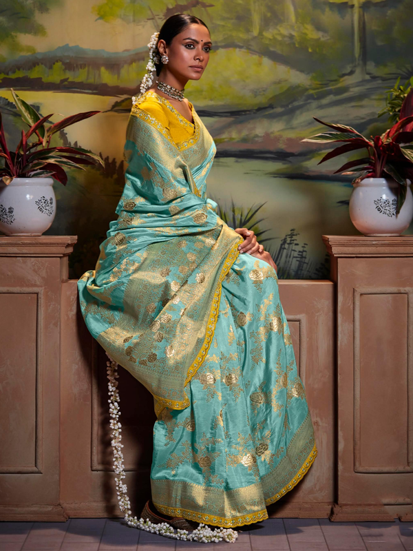 Sea Green Banarasi Satin Silk Saree With Contrast Blouse