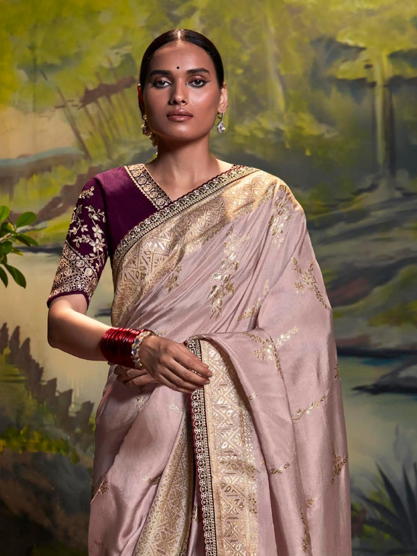 Blush Pink Banarasi Tissue Silk Saree With Contrast Blouse