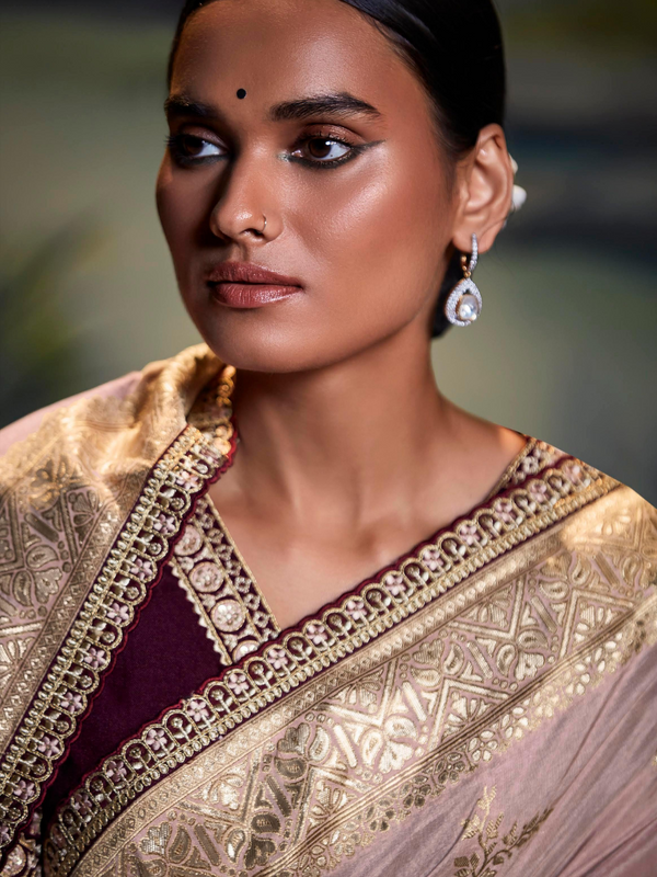 Blush Pink Banarasi Tissue Silk Saree With Contrast Blouse
