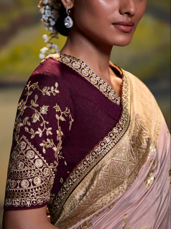Blush Pink Banarasi Tissue Silk Saree With Contrast Blouse