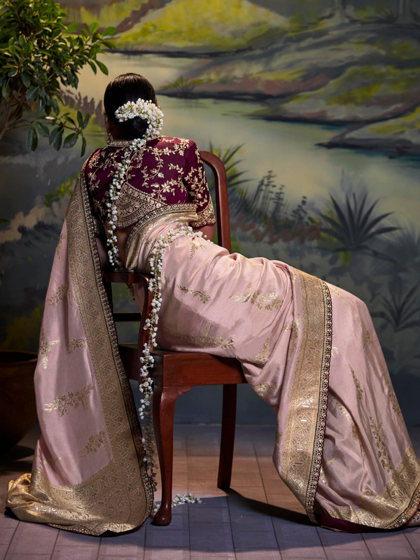 Blush Pink Banarasi Tissue Silk Saree With Contrast Blouse