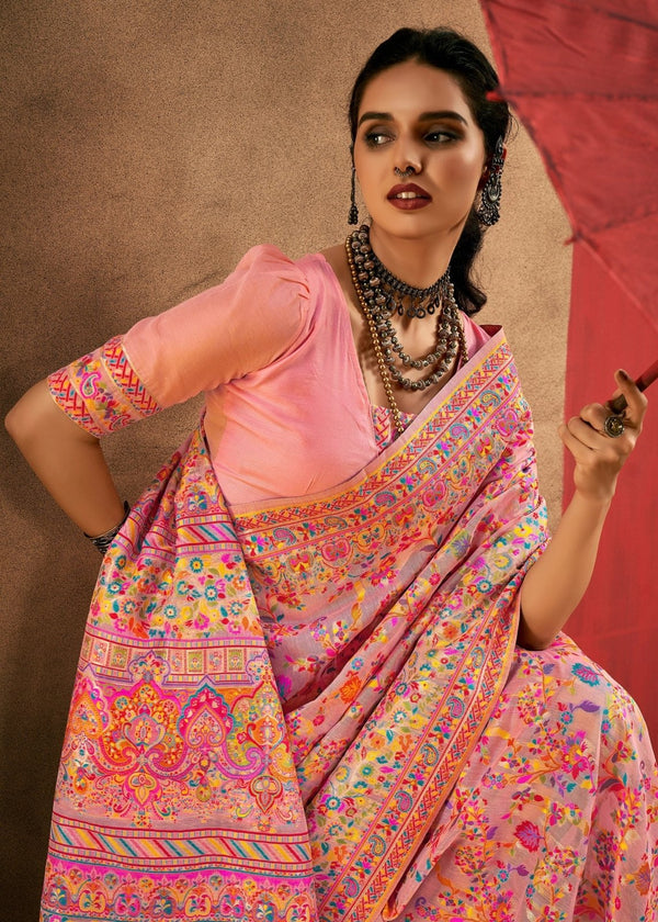 Soft Baby Pink Kashmiri Chinar Cotton Pashmina Saree