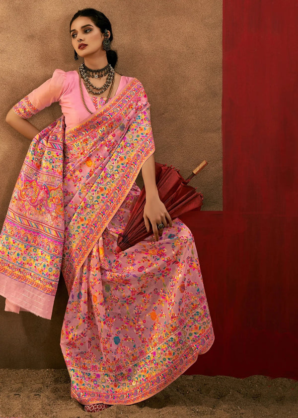 Soft Baby Pink Kashmiri Chinar Cotton Pashmina Saree