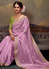 Soft lavender Designer Organza Silk Saree With Contrast Blouse