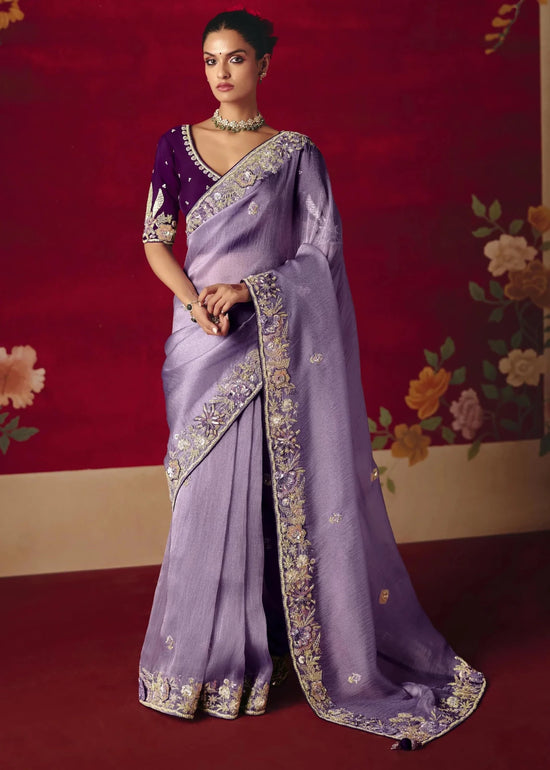 Soft Lavender Designer Silk Saree with Purple Contrast Blouse