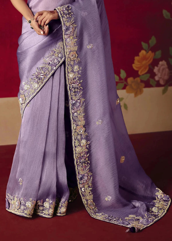 Soft Lavender Designer Silk Saree with Purple Contrast Blouse