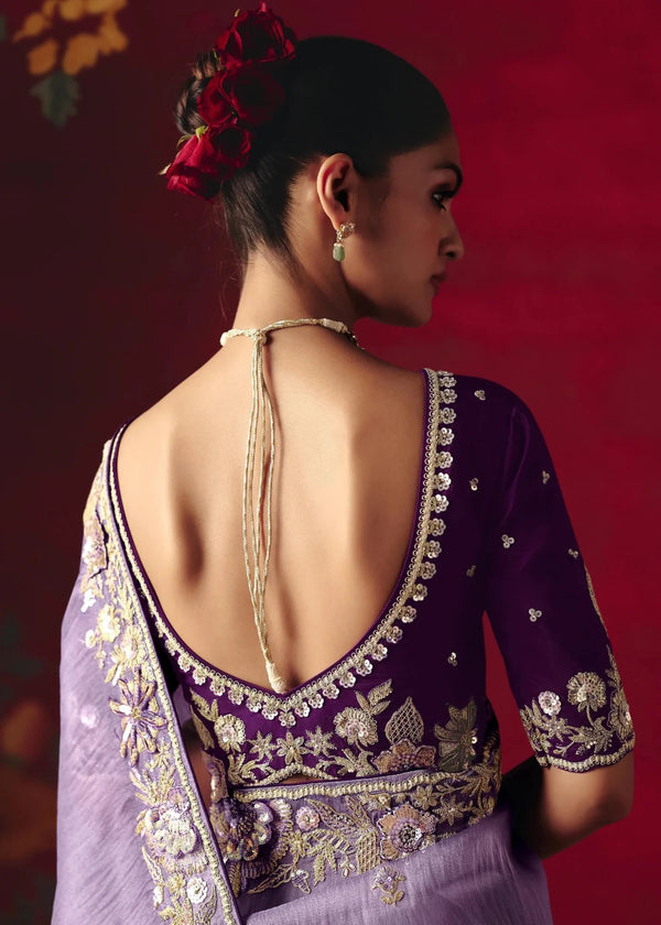 Soft Lavender Designer Silk Saree with Purple Contrast Blouse