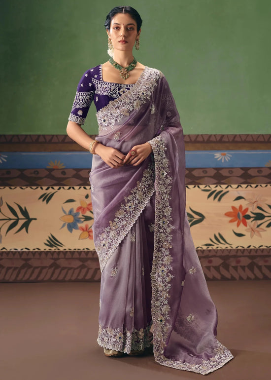 Soft Lavender Organza Silk Saree with Purple Contrast Blouse