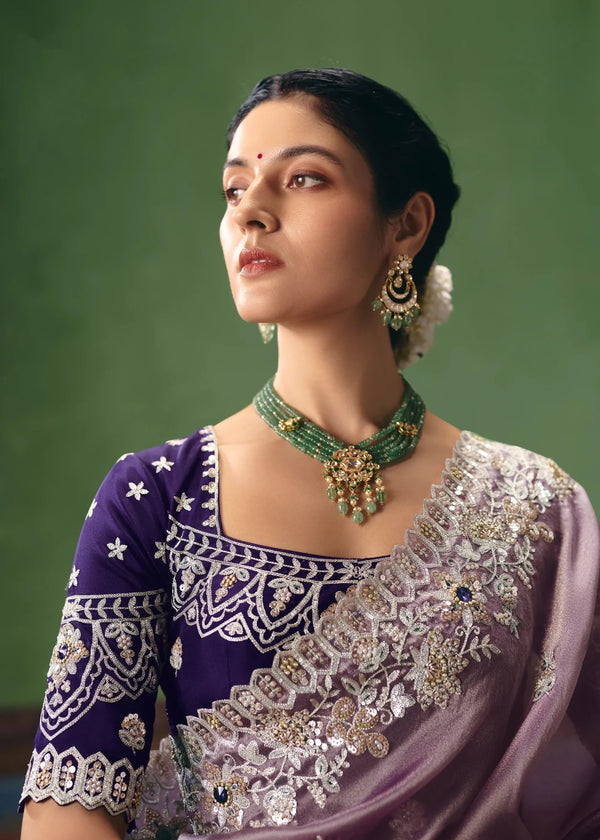 Soft Lavender Organza Silk Saree with Purple Contrast Blouse