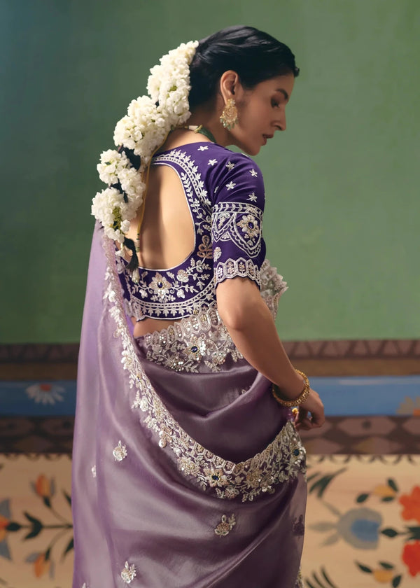 Soft Lavender Organza Silk Saree with Purple Contrast Blouse