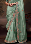 Soft Pastel Green Designer Organza Silk Saree With Contrast Blouse