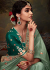 Soft Pastel Green Designer Organza Silk Saree With Contrast Blouse