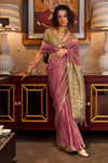 Spanish Rose Pink Tussar Silk Saree With Ikkat Pallu and Contrast Blouse