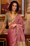 Spanish Rose Pink Tussar Silk Saree With Ikkat Pallu and Contrast Blouse