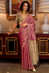 Spanish Rose Pink Tussar Silk Saree With Ikkat Pallu and Contrast Blouse