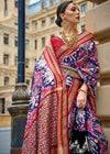 Steel Blue And Red Printed Patola Silk Saree