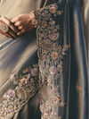 Steel Blue Embroidered Designer Organza Silk Saree