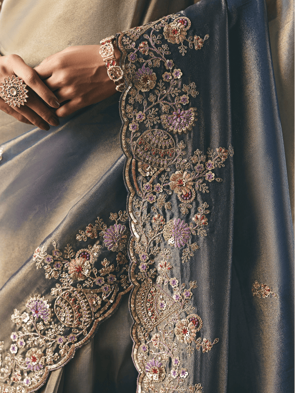 Steel Blue Embroidered Designer Organza Silk Saree