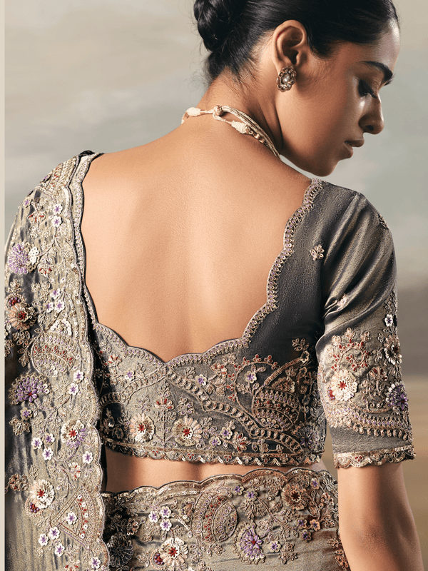 Steel Blue Embroidered Designer Organza Silk Saree