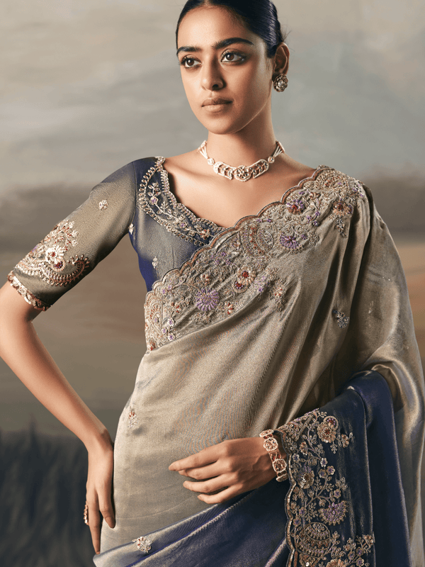 Steel Blue Embroidered Designer Organza Silk Saree