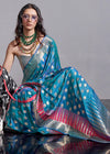 Steel Blue Silk Saree With Temple Border