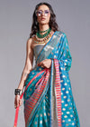 Steel Blue Silk Saree With Temple Border