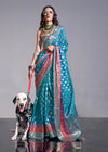 Steel Blue Silk Saree With Temple Border