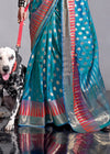 Steel Blue Silk Saree With Temple Border