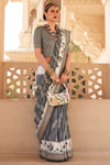 Steel Grey And Off White Banarasi Silk Saree With Floral Pallu