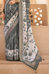 Steel Grey And Off White Banarasi Silk Saree With Floral Pallu