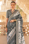 Steel Grey And Off White Banarasi Silk Saree With Floral Pallu