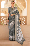 Steel Grey And Off White Banarasi Silk Saree With Floral Pallu