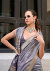 Steel Grey Zari Woven Soft Silk Saree With Ikat Pallu