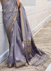 Steel Grey Zari Woven Soft Silk Saree With Ikat Pallu