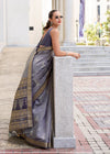 Steel Grey Zari Woven Soft Silk Saree With Ikat Pallu