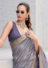 Steel Grey Zari Woven Soft Silk Saree With Ikat Pallu