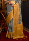 Stonewall Grey And Yellow Zari Woven Banarasi Tanchoi Silk Saree