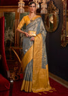 Stonewall Grey And Yellow Zari Woven Banarasi Tanchoi Silk Saree