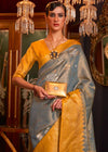 Stonewall Grey And Yellow Zari Woven Banarasi Tanchoi Silk Saree